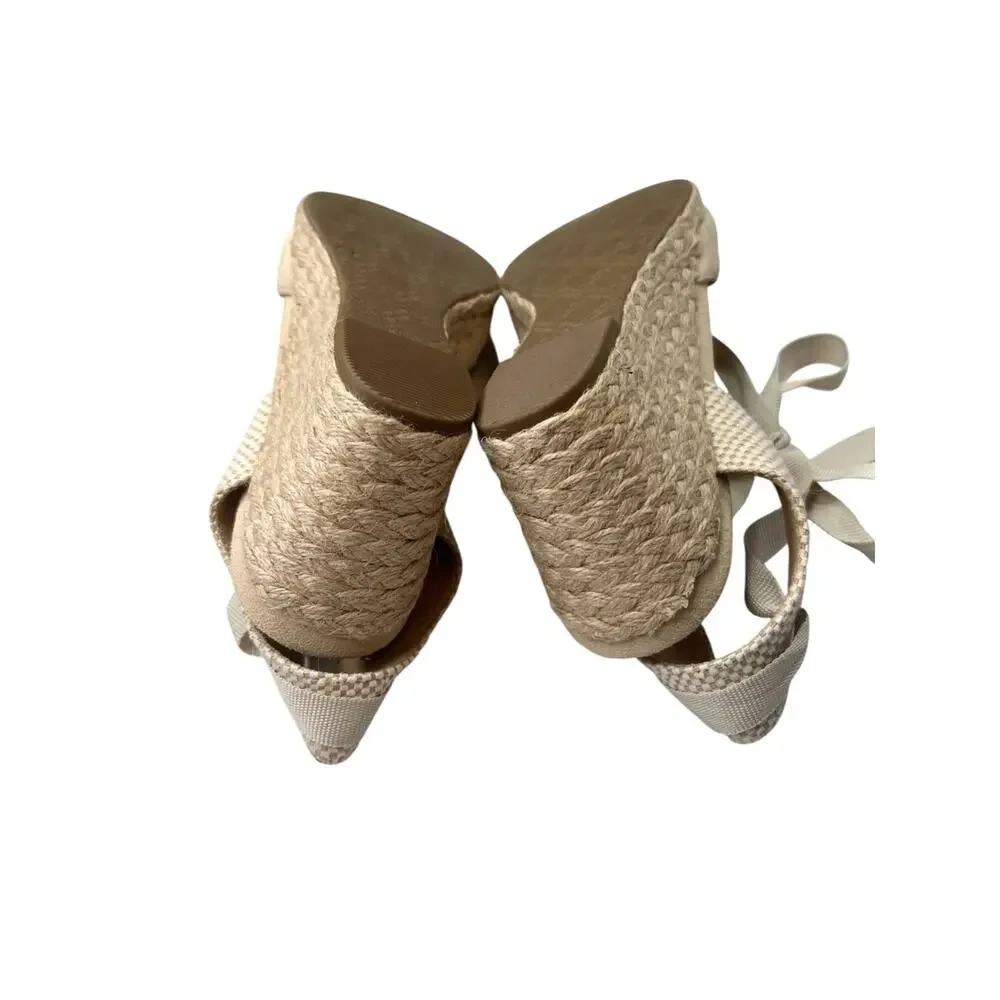 Vionic Espadrille Wedges 8.5 Womens Maris Cream Suede Closed Toe Ankle Wrap Boho